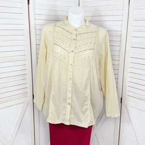 First Issue Liz Claiborne Beaded Oversized Button Front Shirt Cream 1 14W 16W